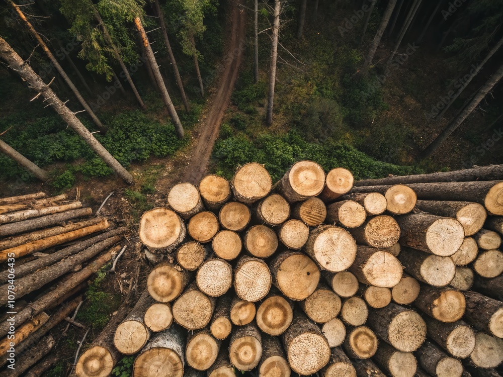 Aerial View of a Full Frame Stack of Felled Trees and Logs, Perfect for Nature and Forestry Themes with Copy Space for Text Overlay or Branding Opportunities Aerial View of a Full Frame Stack of Felled Trees and Logs, Perfect for Nature and Forestry Themes with Copy Space for Text Overlay or Branding Opportunities