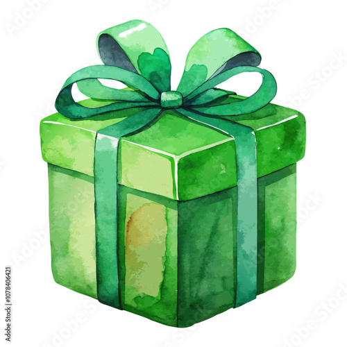 Watercolor Green Gift Box with Ribbon and Bow Illustration