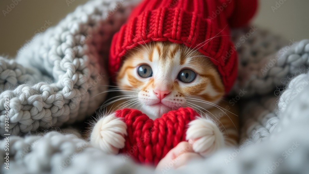Kitten with a red knitted heart in a knitted hat. Kitten with a red knitted heart in a knitted hat.