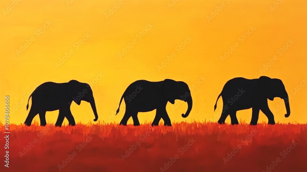 Fototapeta premium Three Elephants Wander Lush Golden Sunset, Palette: Warm Oranges and Golds 