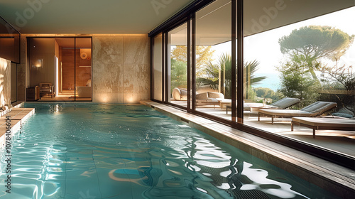 Wallpaper Mural Modern indoor pool with big glass windows and slide door front a house terrace. Torontodigital.ca