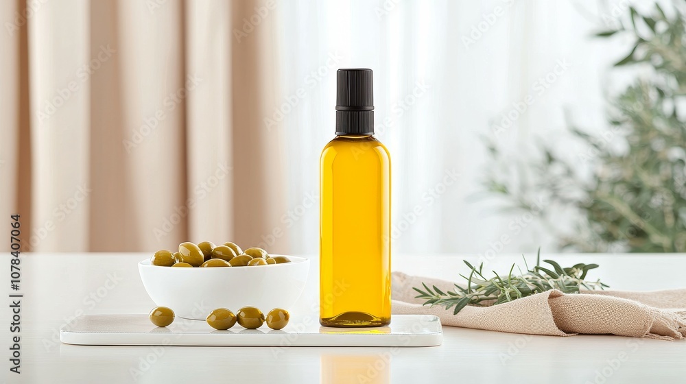A bottle of olive oil sits on the table, next to an empty white bowl filled with olives and some scattered herbs. A bottle of olive oil sits on the table, next to an empty white bowl filled with olives and some scattered herbs.