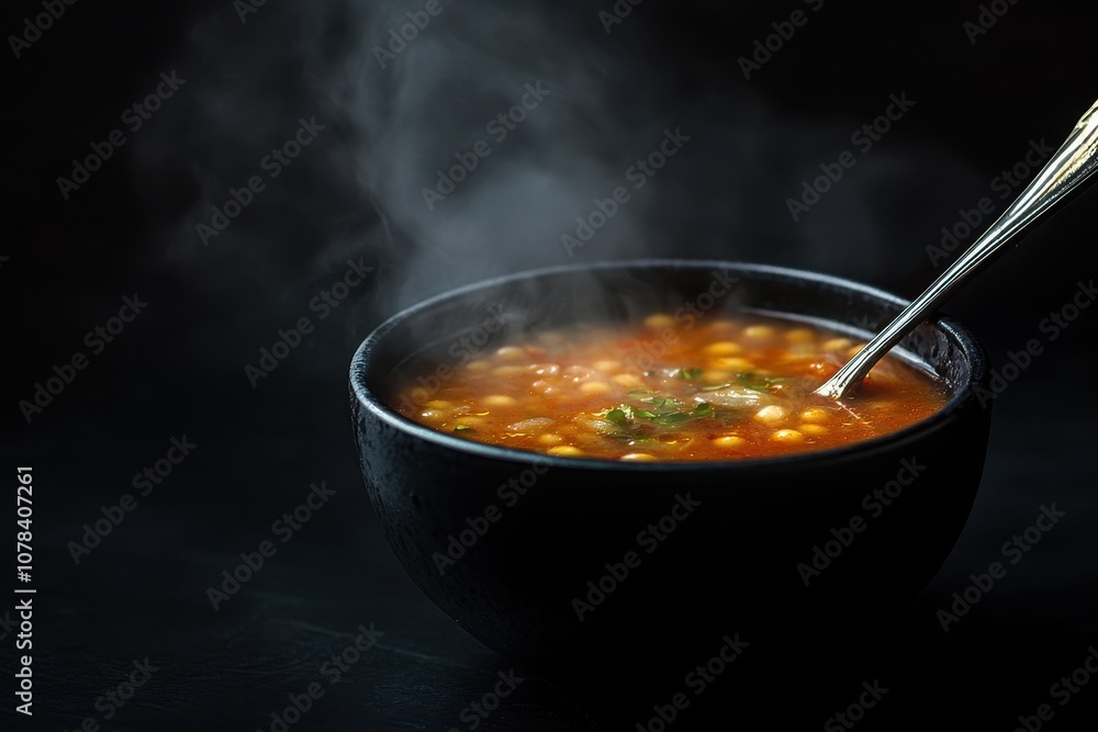 A black bowl of Korean soybean soup on a dark backdrop with a spoon A black bowl of Korean soybean soup on a dark backdrop with a spoon