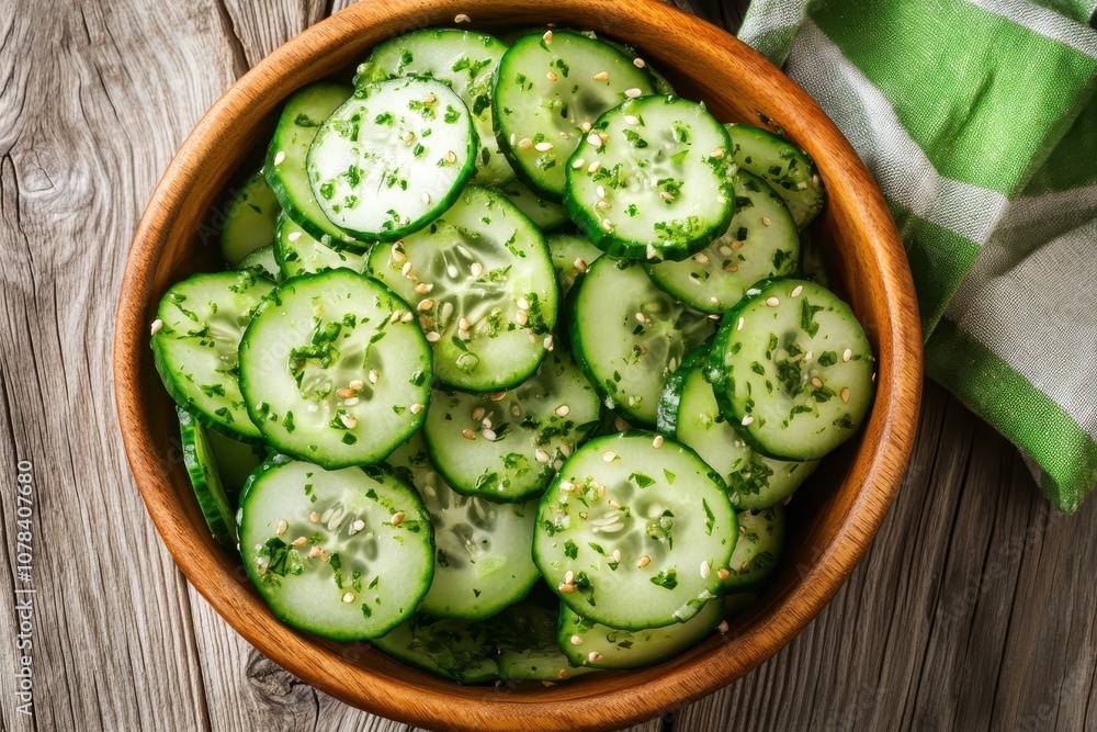 A bowl of spicy homemade Korean cucumber salad oi muchim with seasonings seen from above A bowl of spicy homemade Korean cucumber salad oi muchim with seasonings seen from above