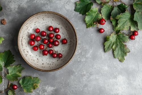 A ceramic bowl contains hawthorn berries on a gray surface surrounded by leaves and berries Aerial view of wild berries photo