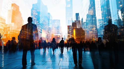 Silhouettes of People Walking in a City with a Glass Building in the Background