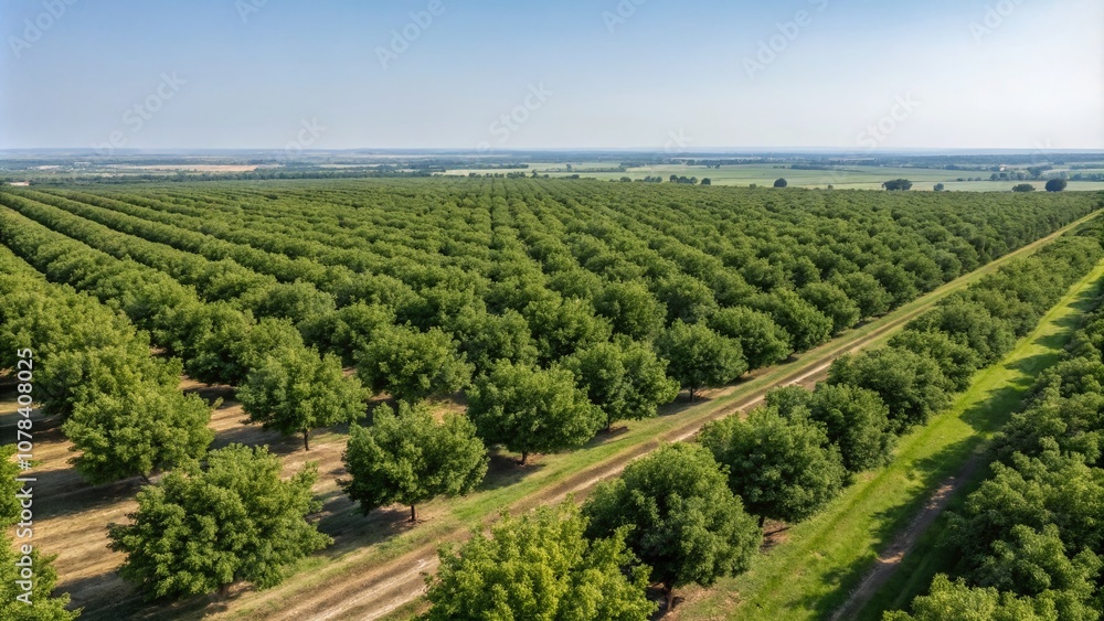 Fototapeta premium Aerial View of an Expansive Nut Orchard in Full Bloom, Showcasing the Lush Green Canopies and Rows of Nut Trees Under Clear Blue Skies for Stunning Nature and Agriculture Imagery