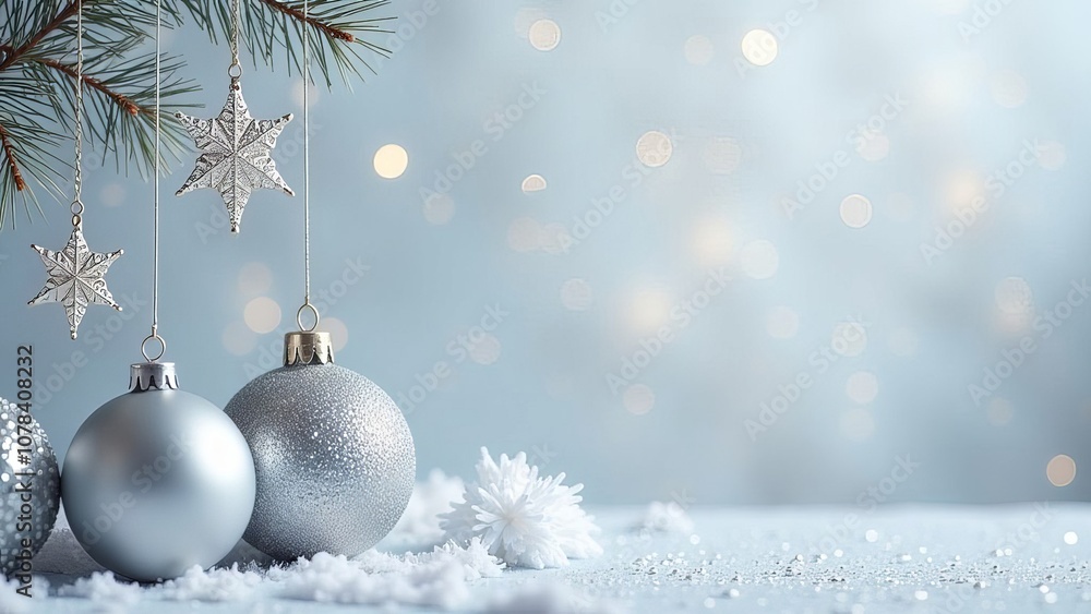 Silver Christmas background with bokeh and toys. Silver Christmas background with bokeh and toys.