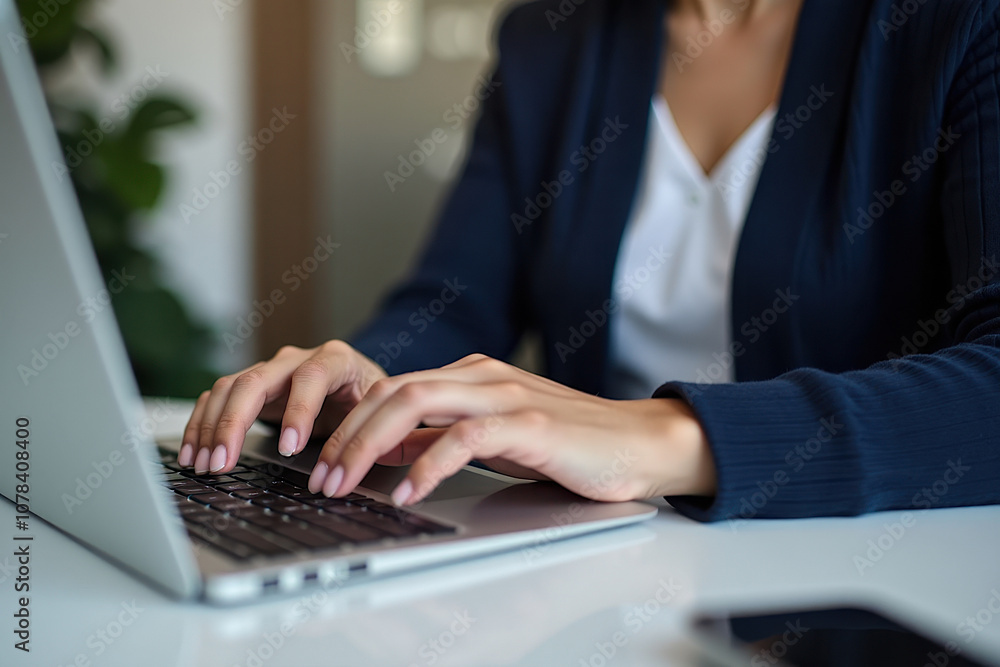 Close-up of the hands of a female dressed in a navy blue cardigan over a classic blouse typing on a laptop Close-up of the hands of a female dressed in a navy blue cardigan over a classic blouse typing on a laptop
