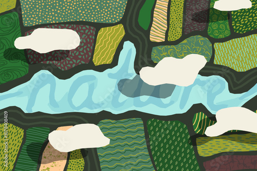 Abstract agrarian modern illustration of sown fields with different patterns, inscription nature in the form of a lake in the center, with clouds above them. Nature restoration concept