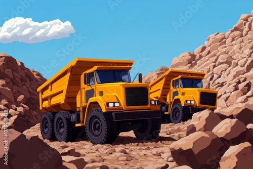 Yellow mining trucks at sunny openpit mine, vibrant industrial scene Use warm palette  photo