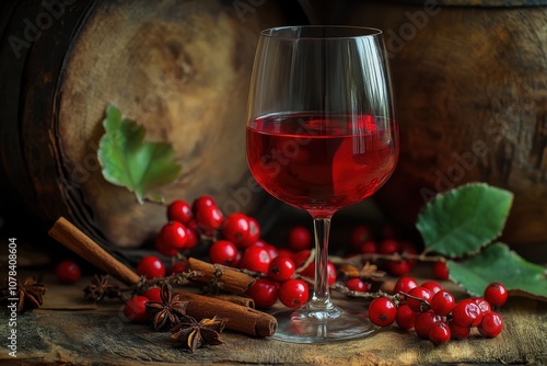 A cup of homemade herbal wine with fresh hawthorn cinnamon and spices photo