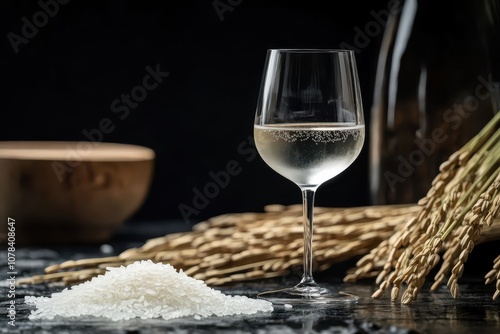 A cup of rice wine against a dark backdrop