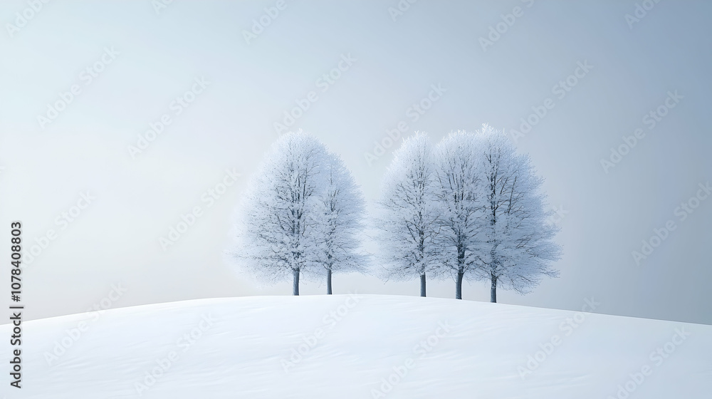 Minimalist Winter Scene Featuring Gentle Snowy Hills And Leafless Trees On A Foggy Day. Generative AI Minimalist Winter Scene Featuring Gentle Snowy Hills And Leafless Trees On A Foggy Day. Generative AI