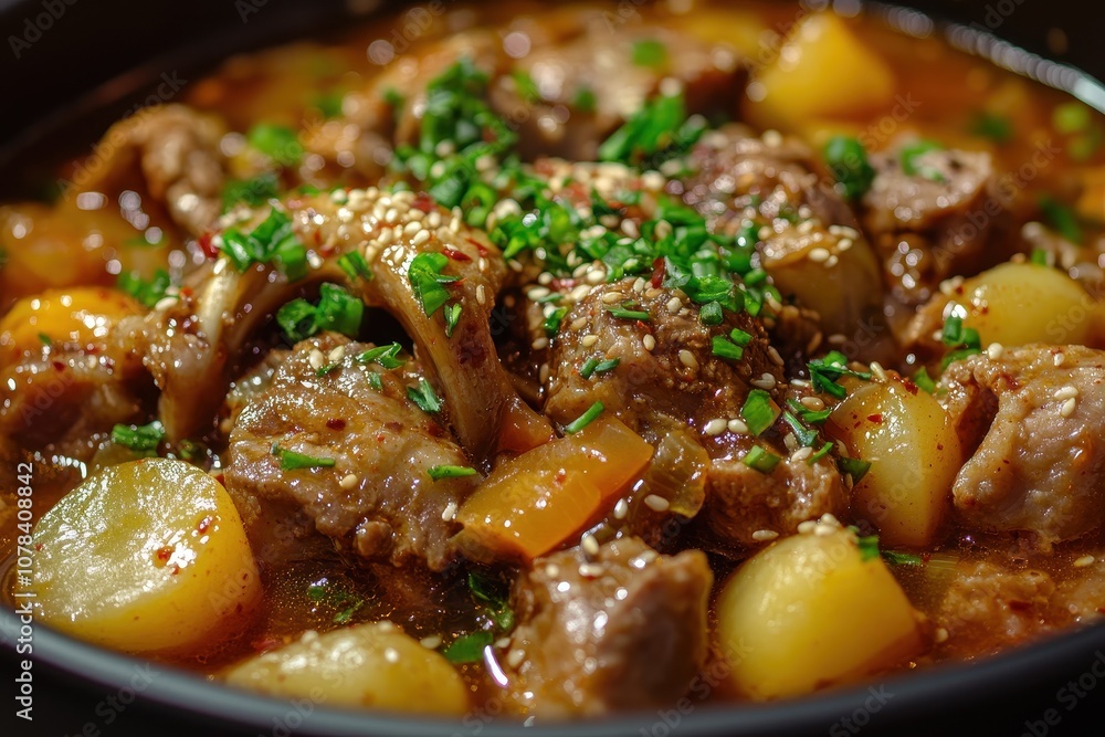 A detailed look at Gamjatang a Korean soup made with pork spine vegetables and potatoes renowned for its robust and spicy taste A detailed look at Gamjatang a Korean soup made with pork spine vegetables and potatoes renowned for its robust and spicy taste