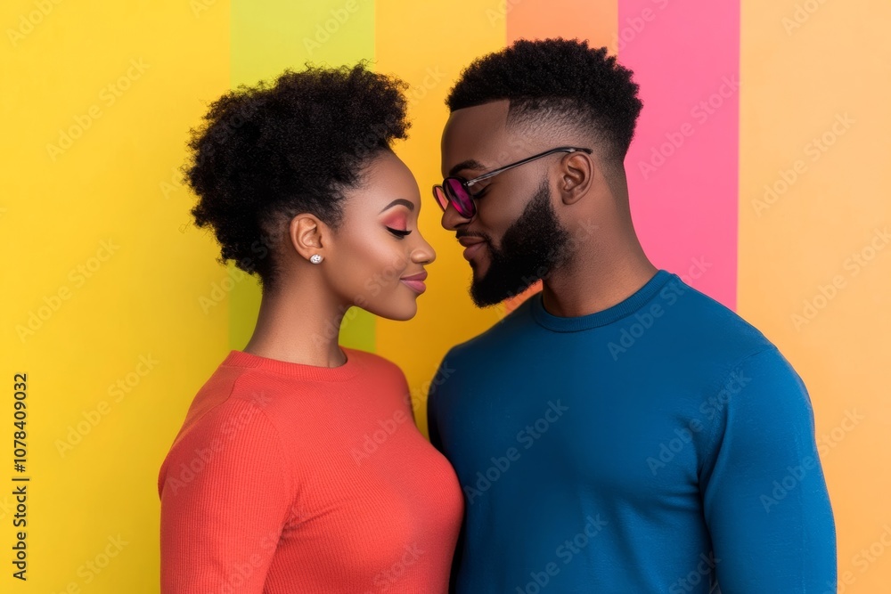 Happy couple enjoying playful moment; use vibrant rainbow palette colors Happy couple enjoying playful moment; use vibrant rainbow palette colors