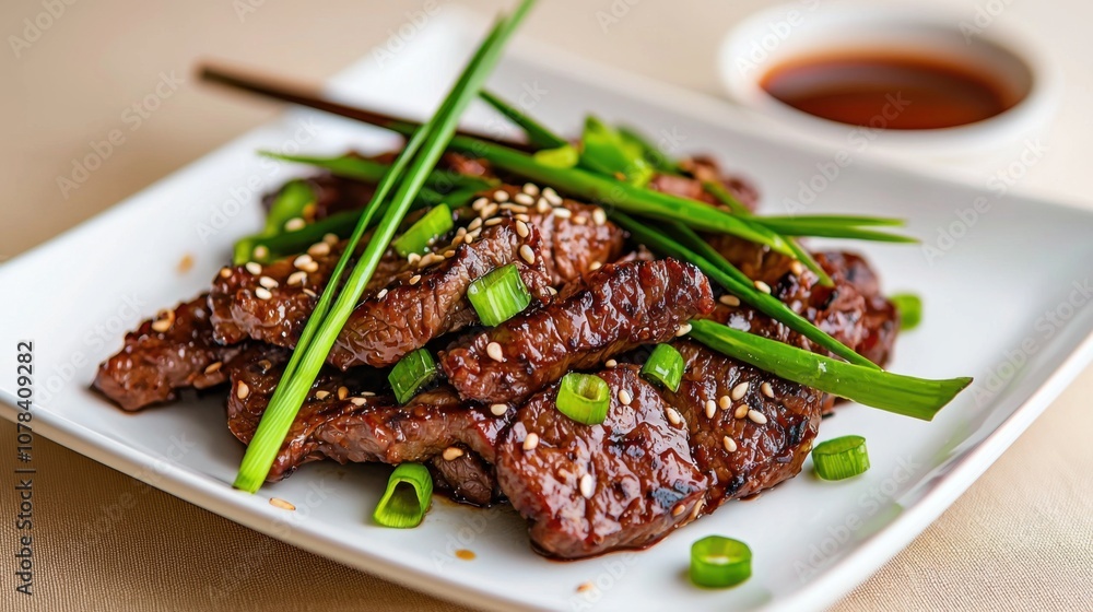 Savor bulgogi korean bbq plated with rich marinade and garnishes Savor bulgogi korean bbq plated with rich marinade and garnishes