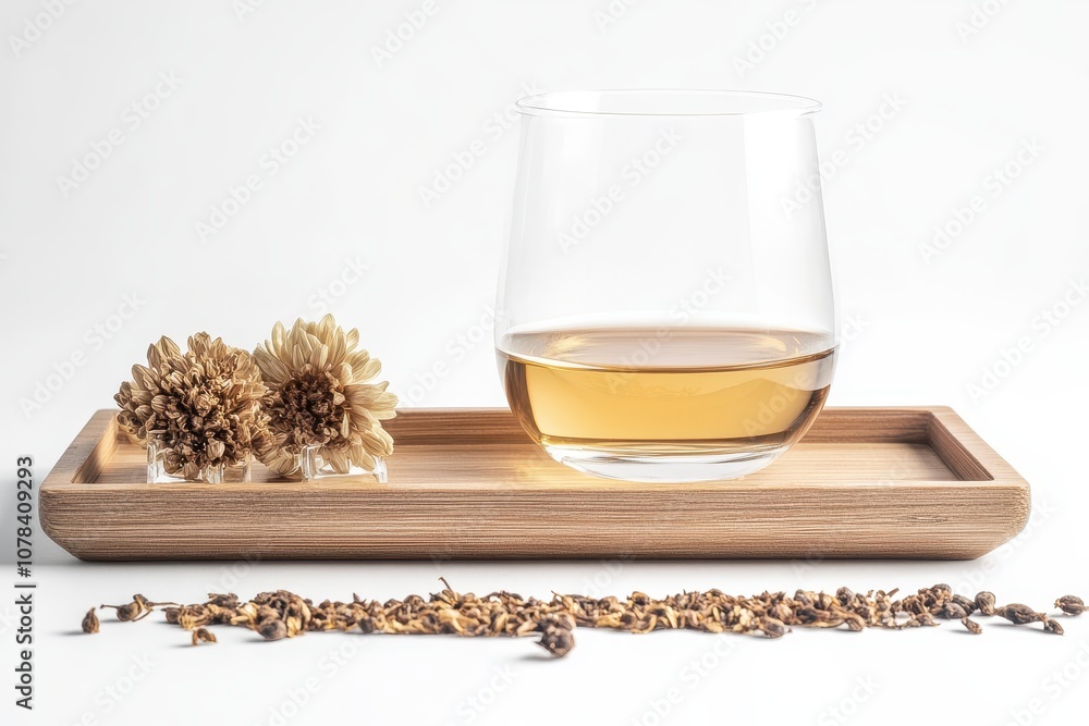 A glass holds chrysanthemum tea accompanied by dried flowers and seeds on a wooden tray against a white backdrop It has an appealing aroma and taste being a herba A glass holds chrysanthemum tea accompanied by dried flowers and seeds on a wooden tray against a white backdrop It has an appealing aroma and taste being a herba