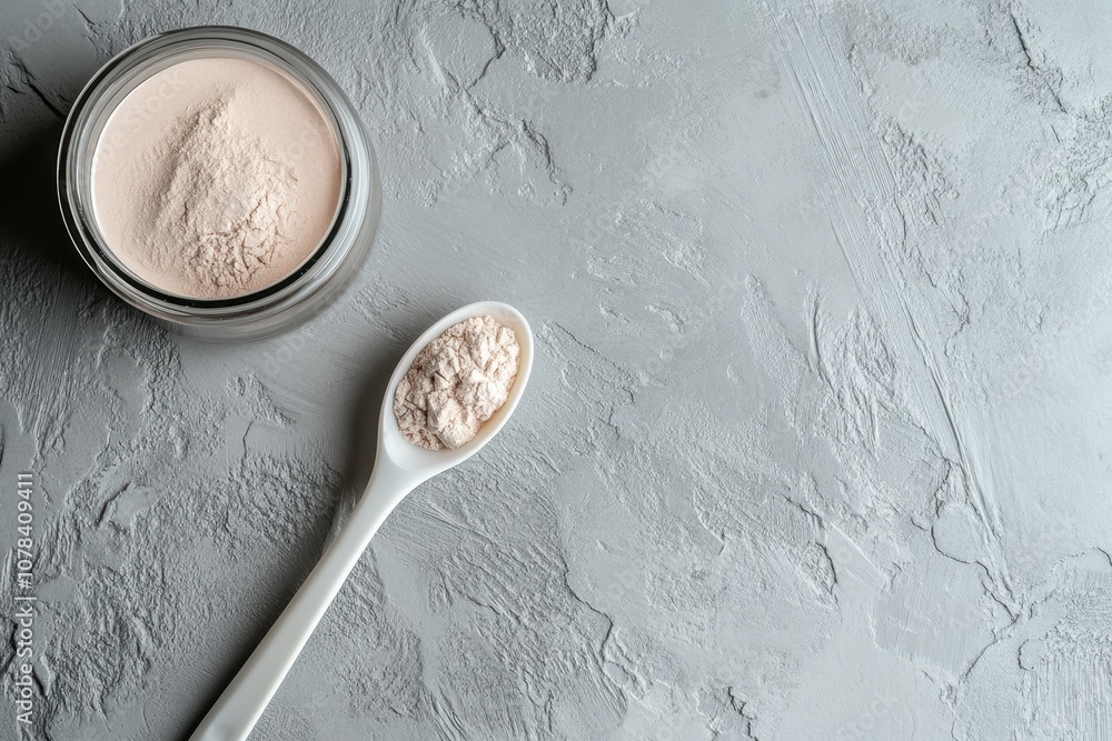 A gray backdrop featuring a jar and a spoonful of collagen powder A gray backdrop featuring a jar and a spoonful of collagen powder