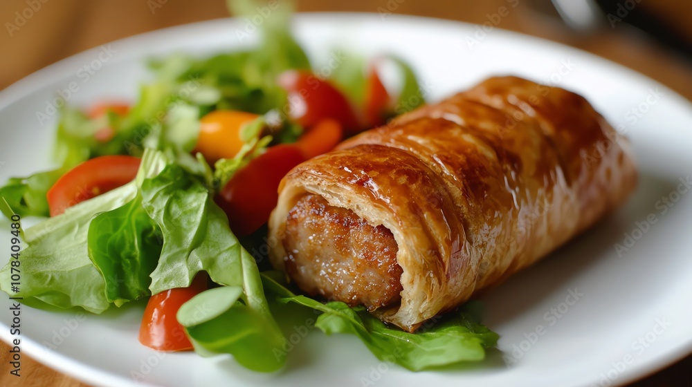Two golden brown sausage rolls on a bed of fresh greens. Two golden brown sausage rolls on a bed of fresh greens.