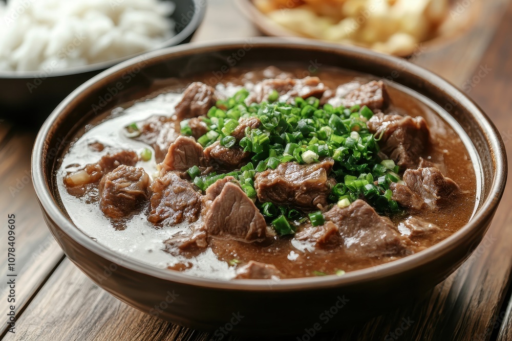 A large serving of Korean beef soup accompanied by various side dishes and rice on a wooden table with natural lighting Focused on food A large serving of Korean beef soup accompanied by various side dishes and rice on a wooden table with natural lighting Focused on food