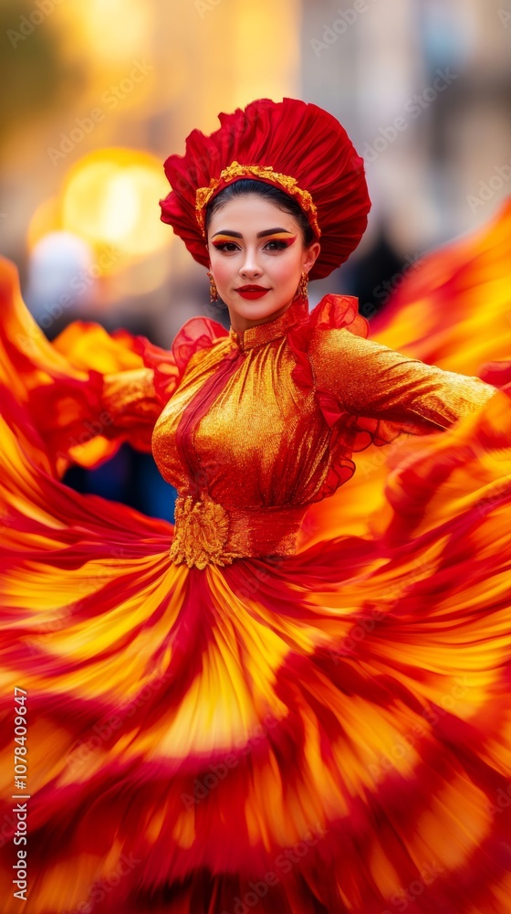 Vibrant dragon dance performer in swirling red and gold costume against a blurred street festival background Vibrant dragon dance performer in swirling red and gold costume against a blurred street festival background