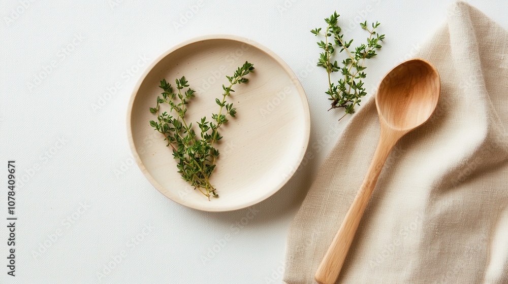 Fresh thyme sprigs create an elegant culinary display on neutral background Fresh thyme sprigs create an elegant culinary display on neutral background