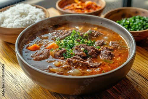 A large bowl of Korean beef soup galbitang accompanied by various side dishes and rice placed on a wooden table with natural light Focused on food