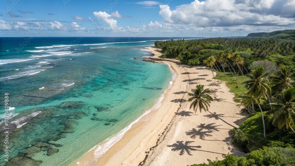 Obraz premium Aerial View of a Stunning Tropical Sandy Beach with Crystal Clear Turquoise Waters Ideal for Relaxation and Vacation Imagery