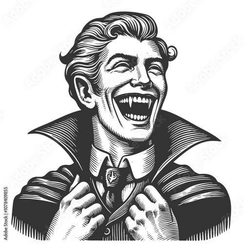 vampire with fangs and a wide smile, ideal for horror and Halloween themes sketch engraving generative ai fictional character vector illustration. Scratch board imitation. Black and white image. photo