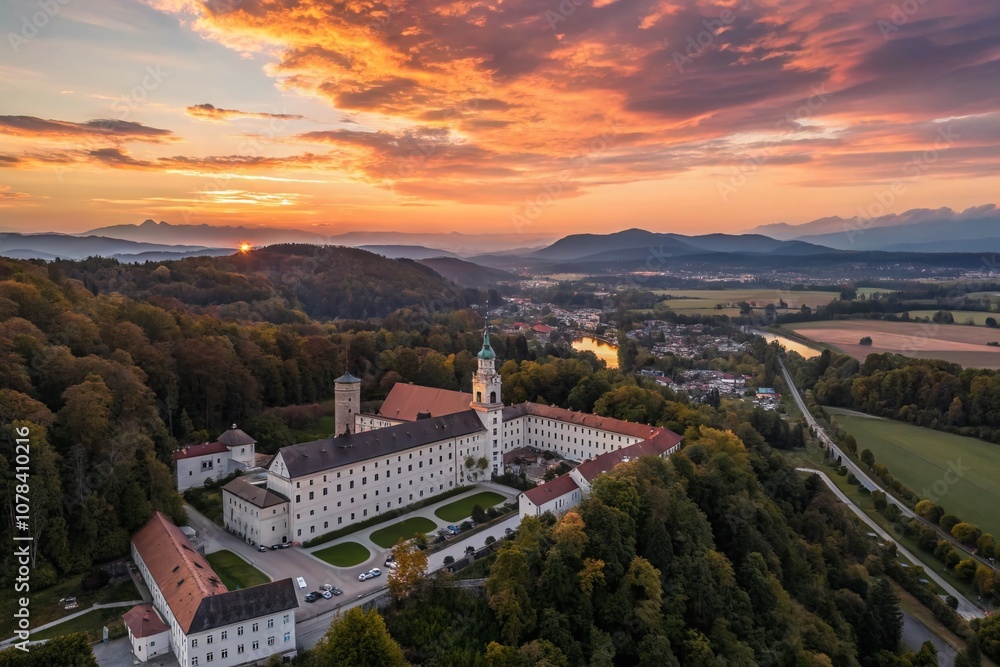 Fototapeta premium Aerial View of Augustiner Bräu Kloster Mülln in Salzburg, Austria During a Breathtaking Sunset with Rich Colors Over Historic Architecture and Scenic Landscapes