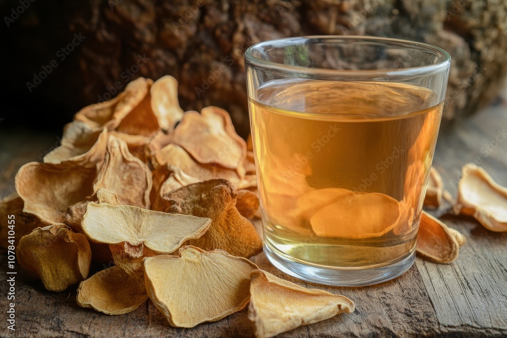 Bael tea in a glass with dried slices on wood Aegle marmelos health beverage Bael tea in a glass with dried slices on wood Aegle marmelos health beverage