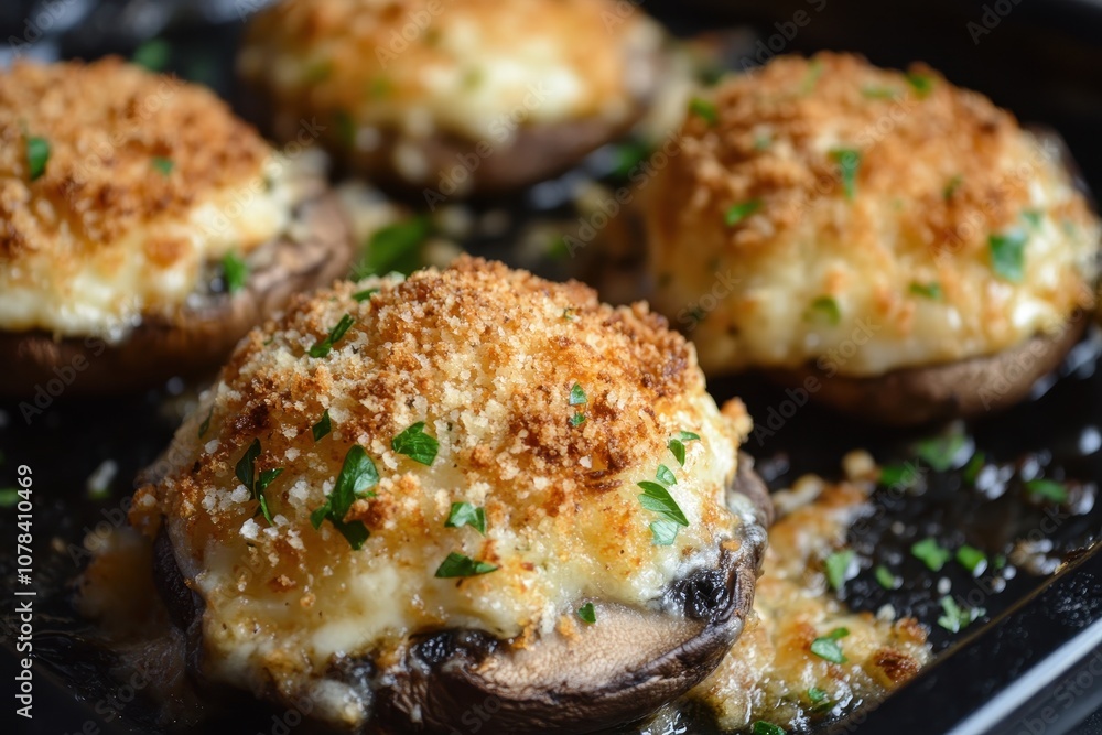 Baked breadcrumb topped with mushroom mozzarella Baked breadcrumb topped with mushroom mozzarella