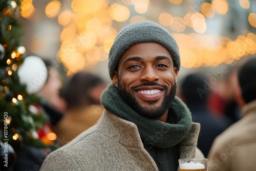 Friends enjoy festive drinks at market; winter palette suggested 