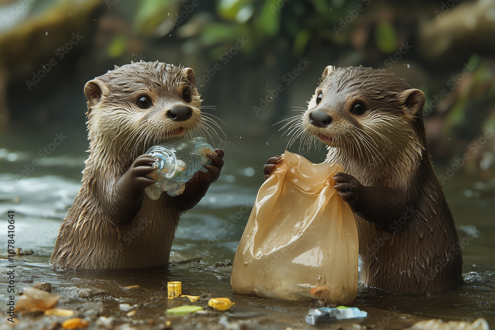 River Otters with Plastic Waste River Otters with Plastic Waste
