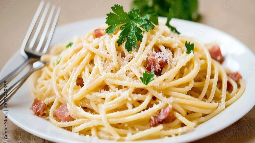 Delight in creamy spaghetti carbonara served on a white plate Delight in creamy spaghetti carbonara served on a white plate