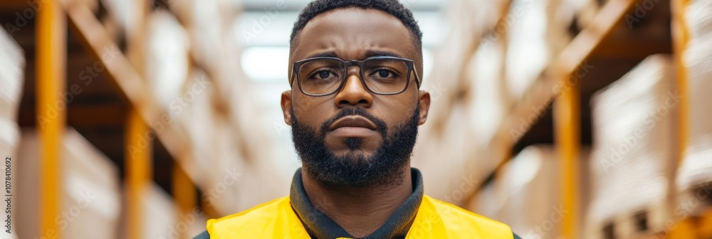 Worker in yellow vest, warehouse organized; uses warm color palette Worker in yellow vest, warehouse organized; uses warm color palette