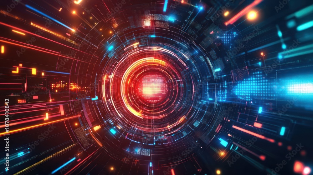 Abstract digital tunnel with glowing lights and lines in red, orange, and blue. Abstract digital tunnel with glowing lights and lines in red, orange, and blue.