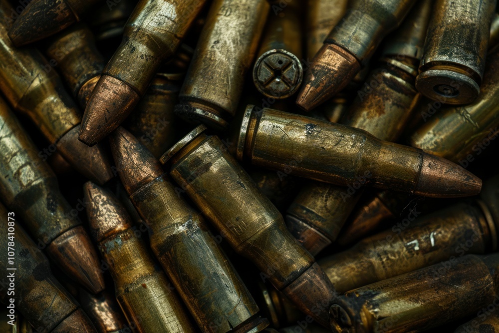 Obraz premium Big amount of pistol and rifle new bullets in pile. Neural network ai generated art