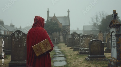 A hooded figure walks through a cemetery on a foggy day. photo