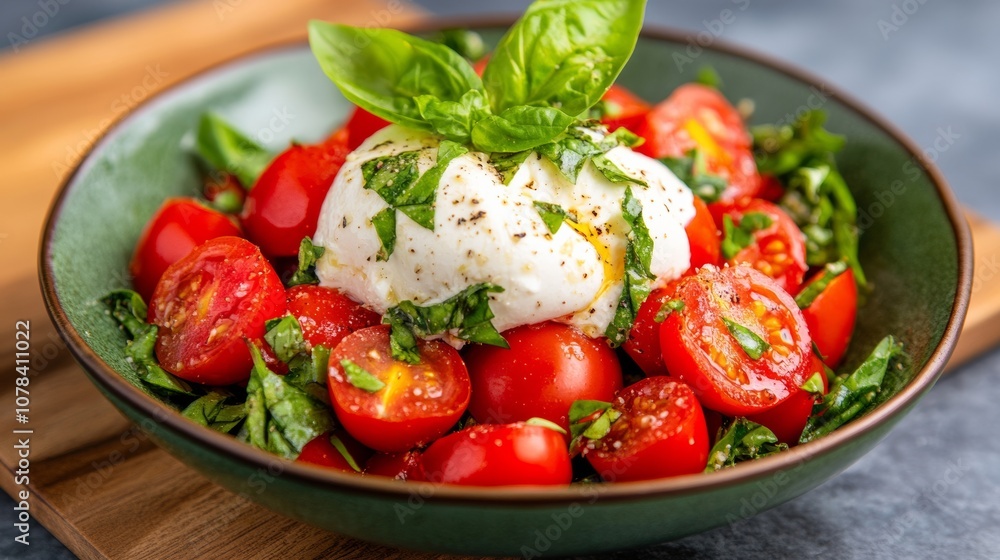 Vegetable Burrata salad featuring creamy cheese, fresh tomatoes; use earthy palette Vegetable Burrata salad featuring creamy cheese, fresh tomatoes; use earthy palette