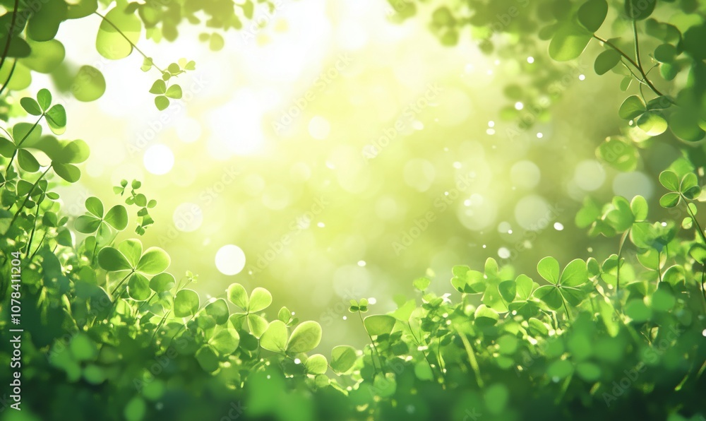 Lush green clovers with soft bokeh background, bright sunlight filtering through leaves Lush green clovers with soft bokeh background, bright sunlight filtering through leaves