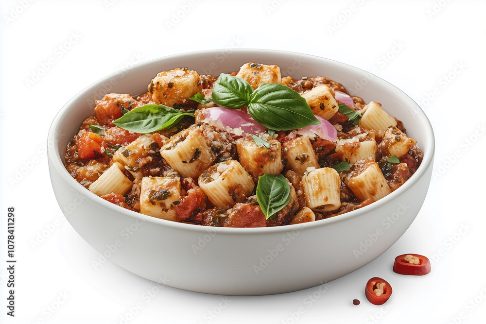 Bowl of penne arrabbiata with spicy tomato sauce, red pepper flakes, and basil leaves Bowl of penne arrabbiata with spicy tomato sauce, red pepper flakes, and basil leaves