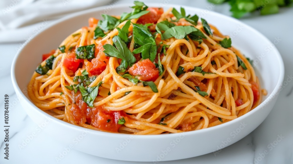 Spaghetti alla Puttanesca plated; use black, white, red color palette Spaghetti alla Puttanesca plated; use black, white, red color palette