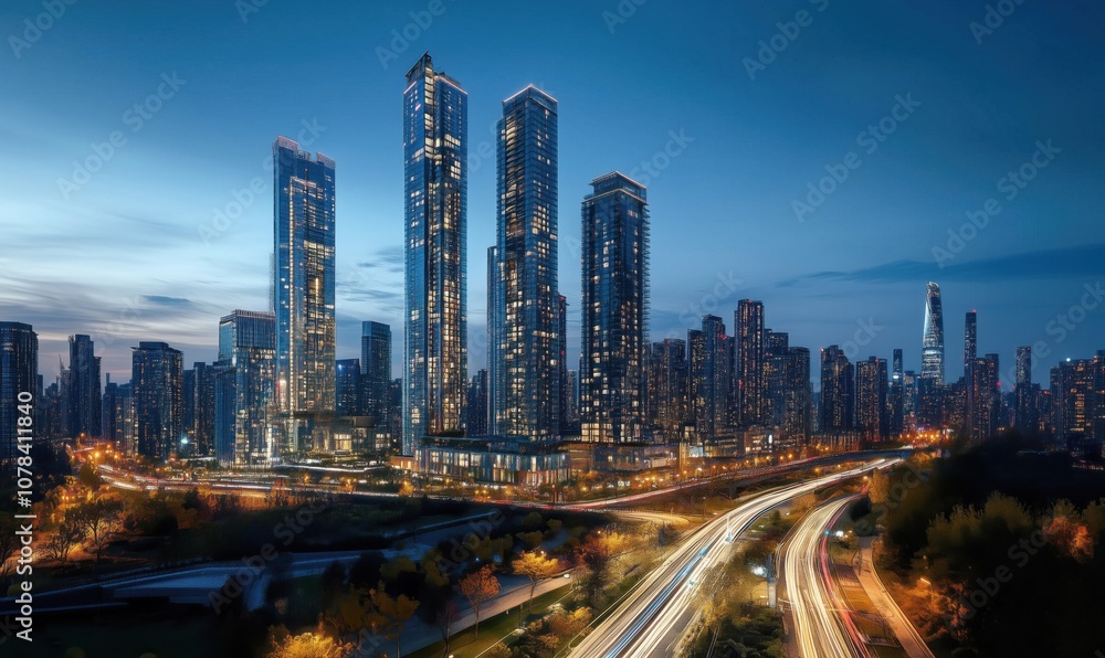 Modern skyscrapers illuminated at night, vibrant city skyline, urban landscape