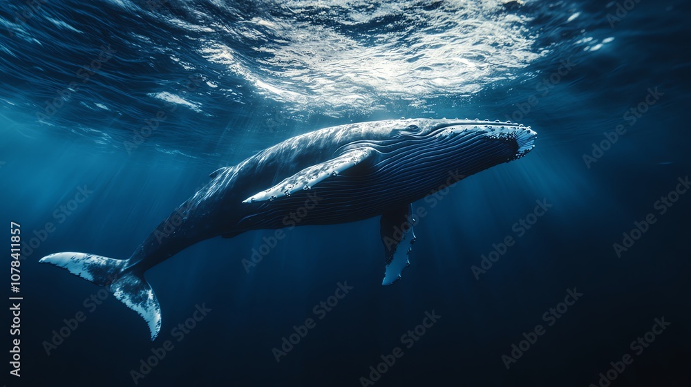 Naklejka premium A humpback whale swims through the blue ocean as sunlight beams through the water.
