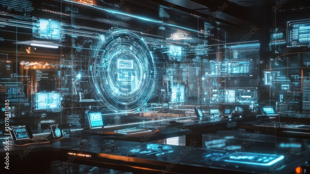 Futuristic cloud service hologram with multiple synced devices, showing digital connectivity