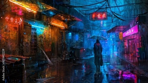 A lone figure walks down a neon-lit, rain-soaked street in a cyberpunk city.
