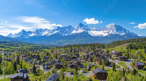 A picturesque village nestled in a valley with snow-capped mountains in the background. The village is surrounded by lush green trees and meadows, and the sky is a clear blue.