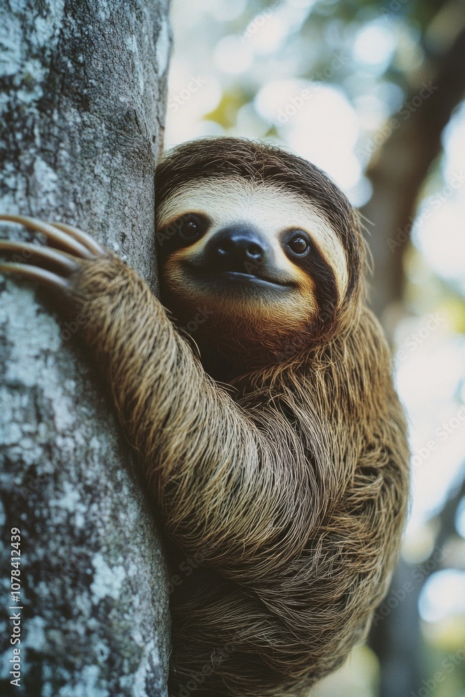 Naklejka premium A slow sloth climbing a tree with a smile, suggesting curiosity and ease.